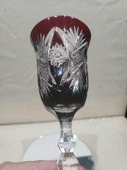1 Wine goblet Glass, Dark Ruby Red Cut to clear Crystal brilliant HobStar foot