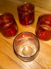 SET 4 STEMLESS WINE GLASSES RUBY RED CRANBERRY ACID ETCHED WHITE CUTOUT FLORAL