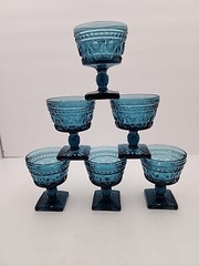 Vtg MCM Indiana Glass Aqua Blue Park Lane Colony Footed Sherbet Glasses 6pc 4.4″