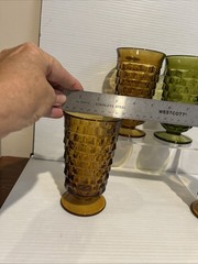VTG Set of 4 Indiana Glass Whitehall Cubist 6″ Tall Footed Glasses Amber GREEN