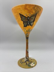 Hand Painted Martini Glass Floral Yellow Rhinestones Dated 2012 Signed