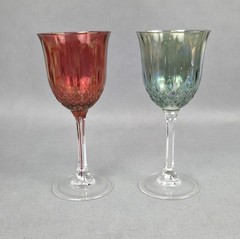2 Wine Goblets Cranberry & Green Iridescent Glass Diamond Criss Cross Pattern