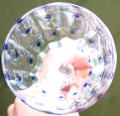 Vtg 8″ CLEAR WAVED OPTIC PANEL w BLUE POLKA DOTS WATER GOBLET GLASS Hand Blown