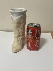 Western Cowboy Boot Ceramic Mug Stein White Off-White Embossed Handle Novelty