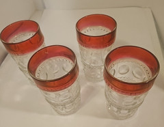 Set of 4 Vintage King’s Crown Ruby Red Flash Thumbprint Highball Glasses 5.5″