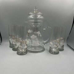 MCM Leonardo Glass Summer Iced Tea Set-Gold Seagulls W/Clouds 5 Glasses Pitcher