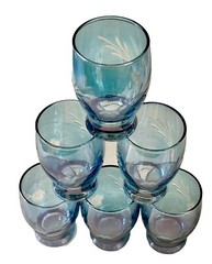 Iridescent Blue Glass Etched Atomic Shooting Star/Flower Stacking Juice Glasses