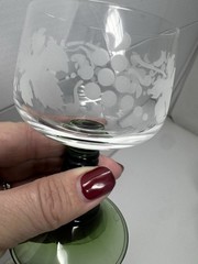 Vintage Grape & Vine Etched Crystal Wine Goblets With Green Stems