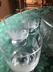 Toscany Etched Clipper Ship Decanter w/ Stopper & 6 Footed Whiskey Rocks Glasses