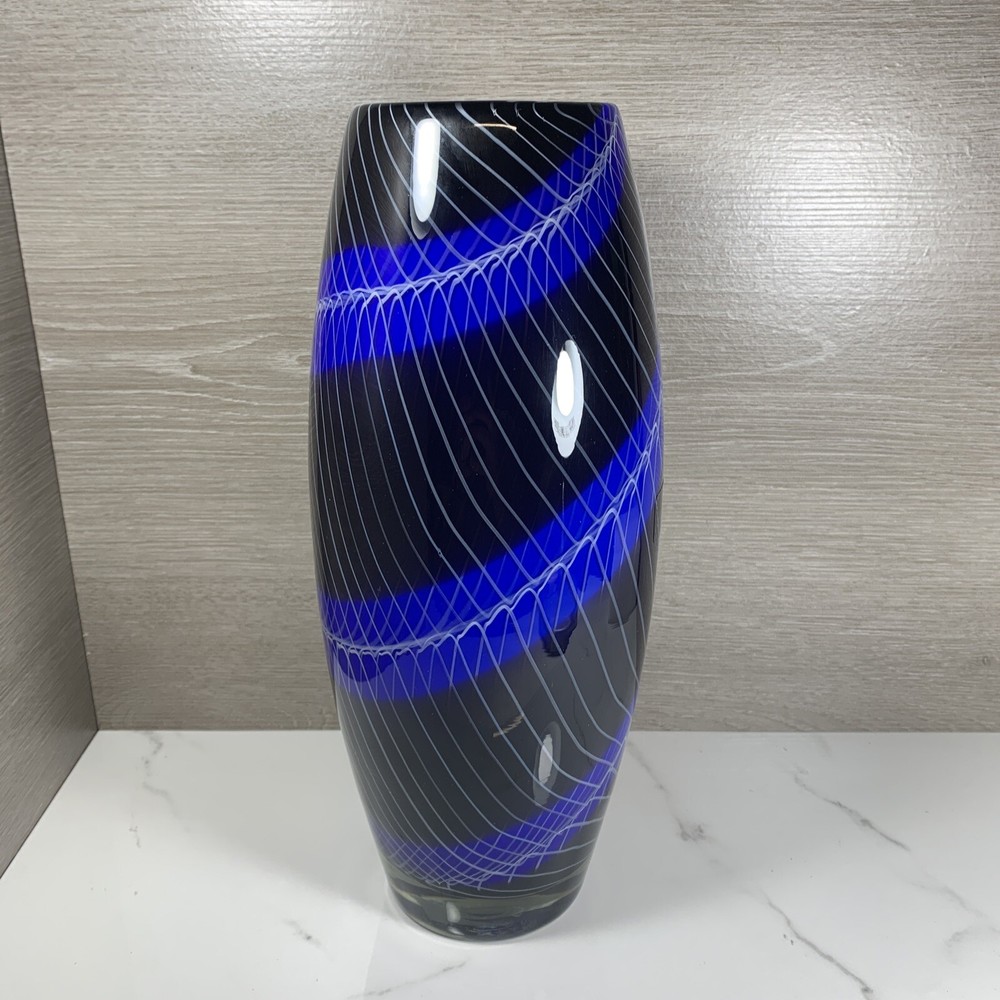 Sasaki Handcrafted Rimini Crystal Vase Art Glass Vintage Blue White Black 12.5”