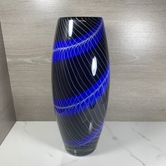 Sasaki Handcrafted Rimini Crystal Vase Art Glass Vintage Blue White Black 12.5”