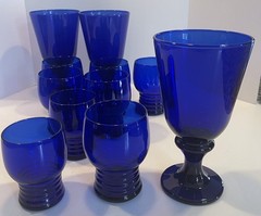 Set of 8 Imperial Cobalt Blue Glass Shaeffer Tumblers 3.75” & 4″ Tall Ribbed