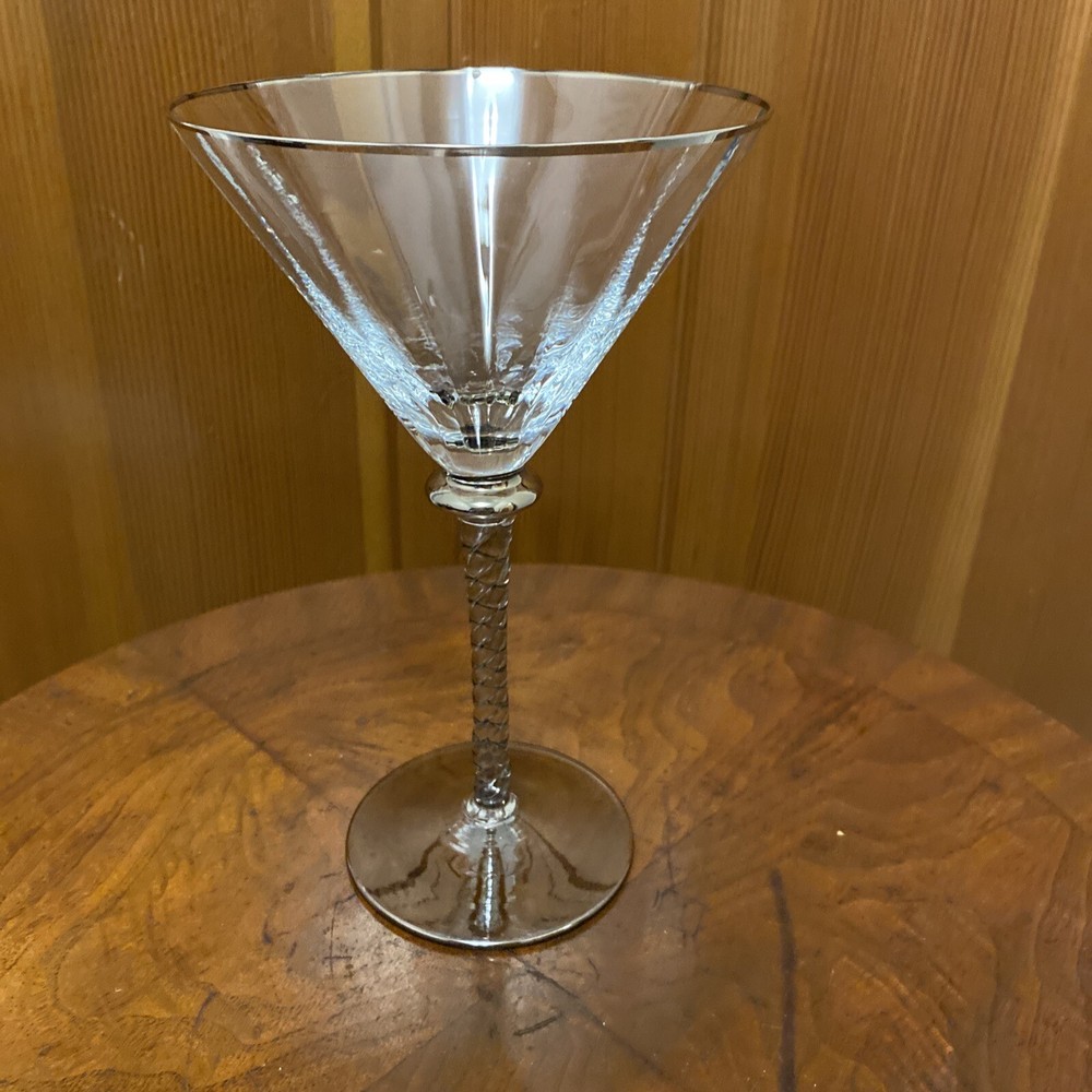 Vtg 8.75 » Martini Goblet Wine Glass Clear Optic Bowl Platinum Trim Twisted Stem