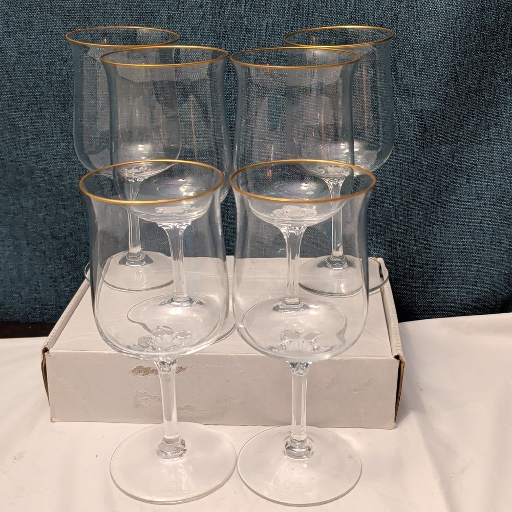 LENOX Crystal INTRIGUE Wine Glasses Gold Trim Fluted Rim Vintage 80s | Set of 6
