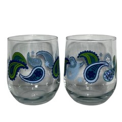 Vintage Set of 2 CRISA LIBBEY Glass Paisley Blue Green White 4.5″ stemless wine