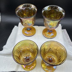 4 VTG Indiana Glass Iridescent Marigold Carnival Glass Harvest Grape Goblets Set