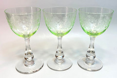 3 Antique French St.Louis Crystal Vaseline Uranium Etched Glass Cup Wine Goblets