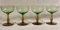 4 Amber & Green Uranium Herringbone Optic Cocktail Champagne Glasses UV Reactive