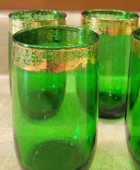5 VTG Anchor Hocking Forest Green Glass tumbler Gold Filigree Rim Highball 10 oz