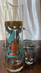 Vtg Barware Fred Press Turquoise Gold Trojan Horse Pitcher 6 Glasses Caddy Set