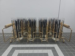 Vtg 8 MCM Tumbler Highball Glass Barware Caddy Carrier Gold Black