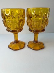 Kanawha Amber Glass Bulls Eye & Daisy Goblets Set of 2