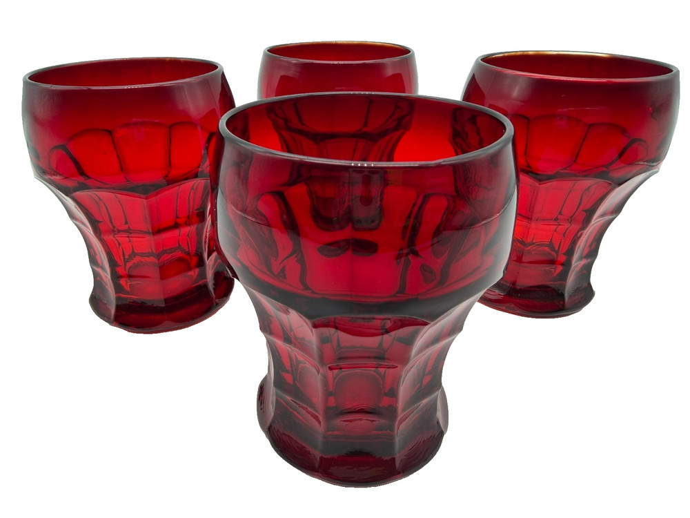 Vintage Set Of 4 Viking Ruby Red Georgian Honeycomb Flat Tumbler 4″ Tall