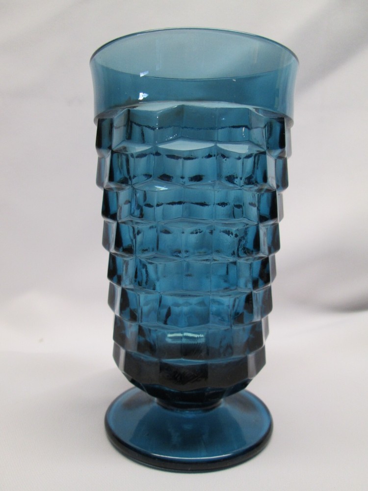 INDIANA GLASS Whitehall Colony CUBIST Riviera Blue PEDESTAL 12oz 6″ Tumbler