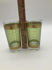 Pair (2) Continental Can Co Green Basketweave Highball Glass 22K Gold Edging