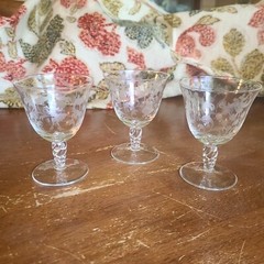 3 Antique Ladies Gents Etched Crystal Twisted Stems CORDIAL Glass Goblet UNK7199