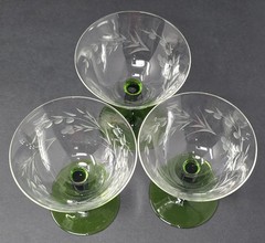 6 Rare Vintage Clear Etched Glass Champagne Glasses Green Stems Leaf Dot Design