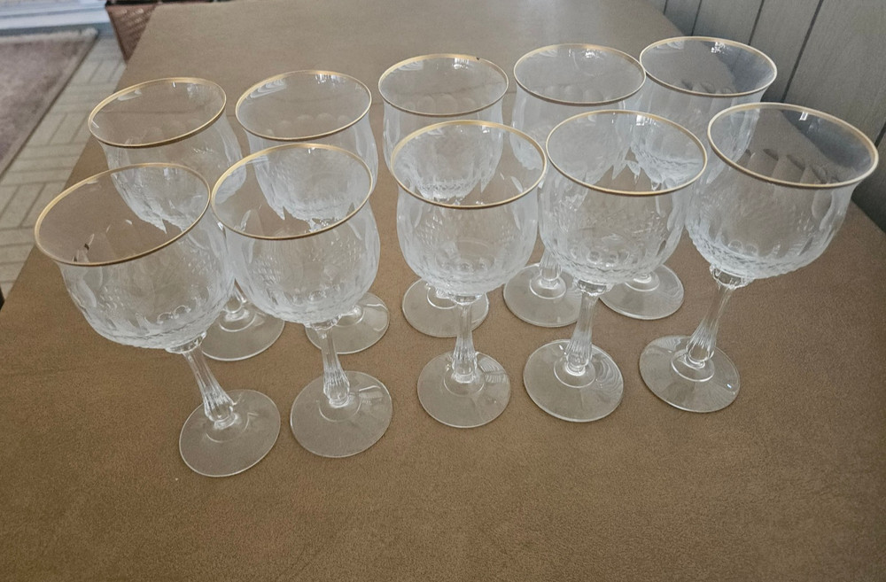 10 Vintage MIKASA GOLD CROWN Wine Glass Cut Crystal 7 1/8″ Gold Trim from 1983