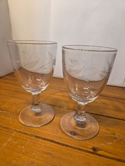 Vintage Etched Wheat & Fern Crystal Wine Glasses Short Stem Goblets Set of 2