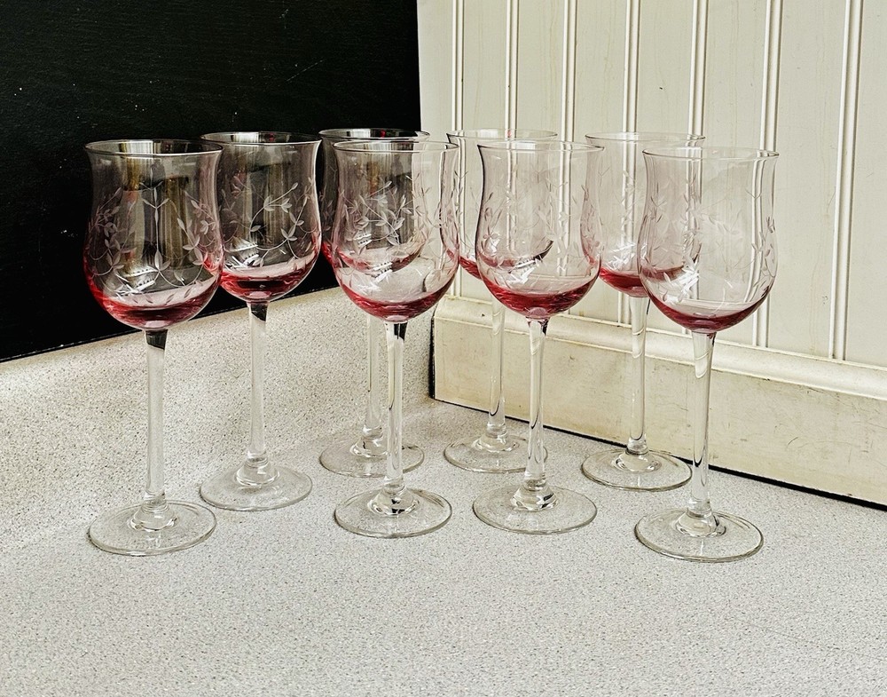 Set of 8 Lenox Crystal Heather Tulip Wine Glasses 8 7/8” Etched Vine Pink