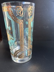 (4) Fred Press Signed Turquoise Trojan Horse Highball Gold Gilded Glasses MCM
