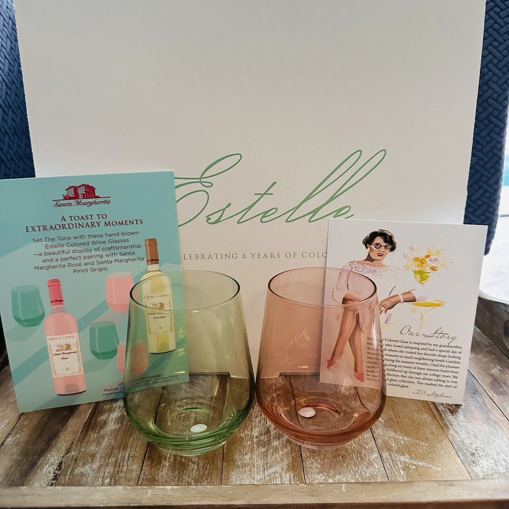 6 Estelle Signed, Hand-blown Stemless Wine Glasses. Mint &Blushed Color With Box
