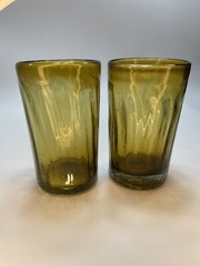 VTG Amber Bubble Glass Tumblers Handblown Swirl Rough Pontil BLENKO? SET of 2