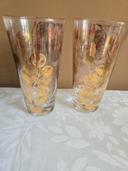 Vintage Gay Fad Gold Leaf Highball Glasses set of 2 MCM Barware 5.75″ pre owned