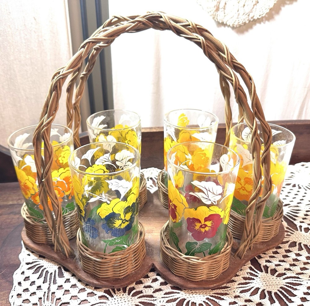 Vintage Floral Drinking Glasses Tumblers Pansies – Set of 6 with Wicker Holder