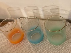 3 Vtg 10oz Frosted Green Turquoise Orange Glasses w Gold Rims 4″T Libbey Satin