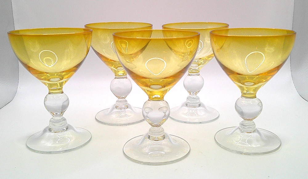 Italian Yellow Art Deco Design Cordial Glasses with Clear Ball Joint Stem (5)