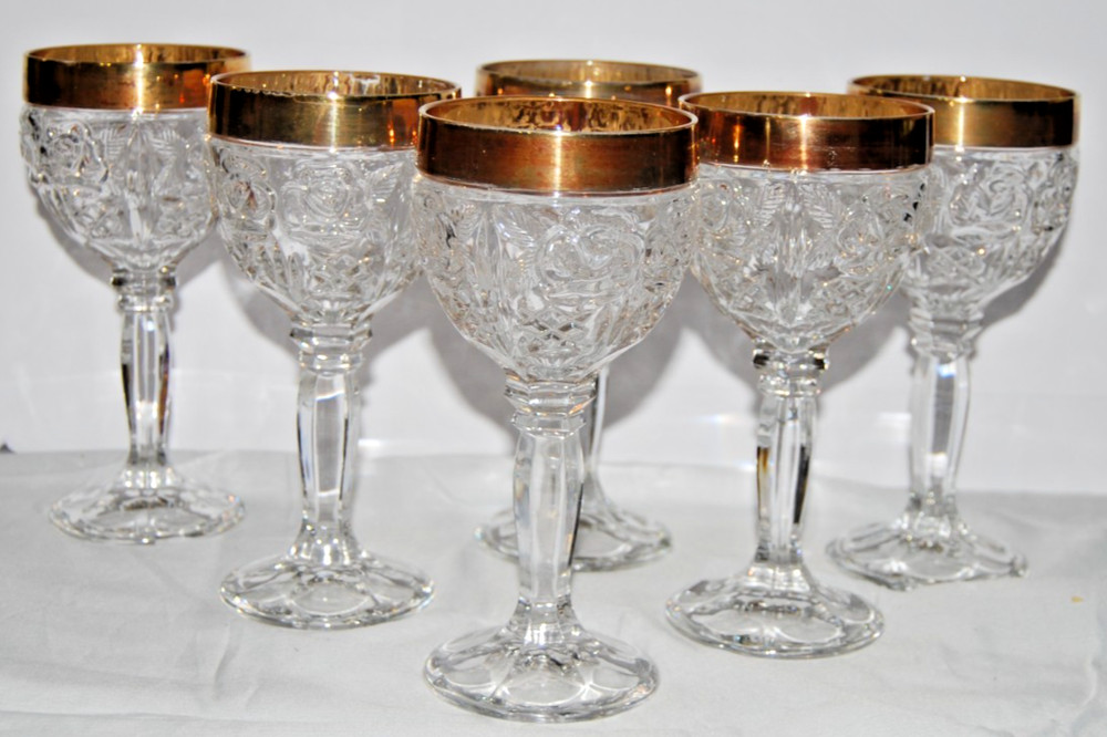 Vintage Anna Hutte Bleikristall Lead Crystal Wine Glasses Gold Rim Rose Set of 6
