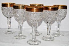 Vintage Anna Hutte Bleikristall Lead Crystal Wine Glasses Gold Rim Rose Set of 6