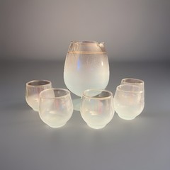 Vintage Frosted Blue Ombre Glass Pitcher & 5 Tumblers Gold Rim | MCM Blendo Set