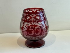 Hand Cut Ruby Red Crystal Brandy Snifter Goblet, Etched “50” Anniversary, 6 3/4″