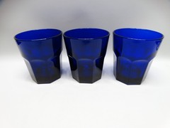3 Vintage Libbey Crisa Cobalt Blue 4″ Tumbler Glasses 8 Paneled Bottom EUC