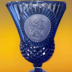 Blue Pressed Glass Goblet and pitcher.Three-Piece Set with Cameo Design