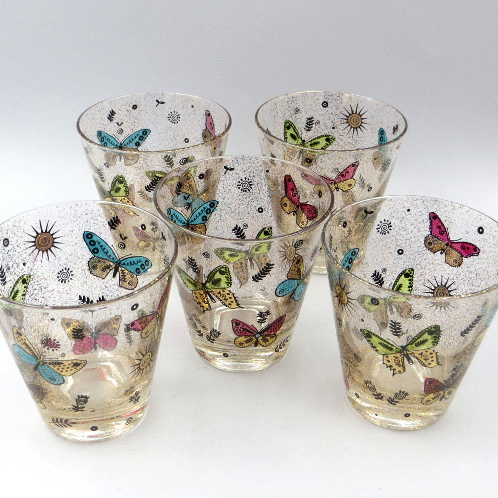 5 Georges Briard Old Fashion Slant Cocktail Glasses 4″ Butterflies Gold Speckles
