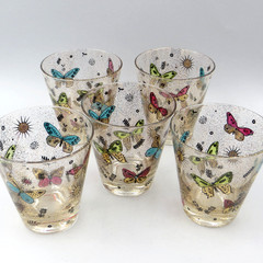 5 Georges Briard Old Fashion Slant Cocktail Glasses 4″ Butterflies Gold Speckles