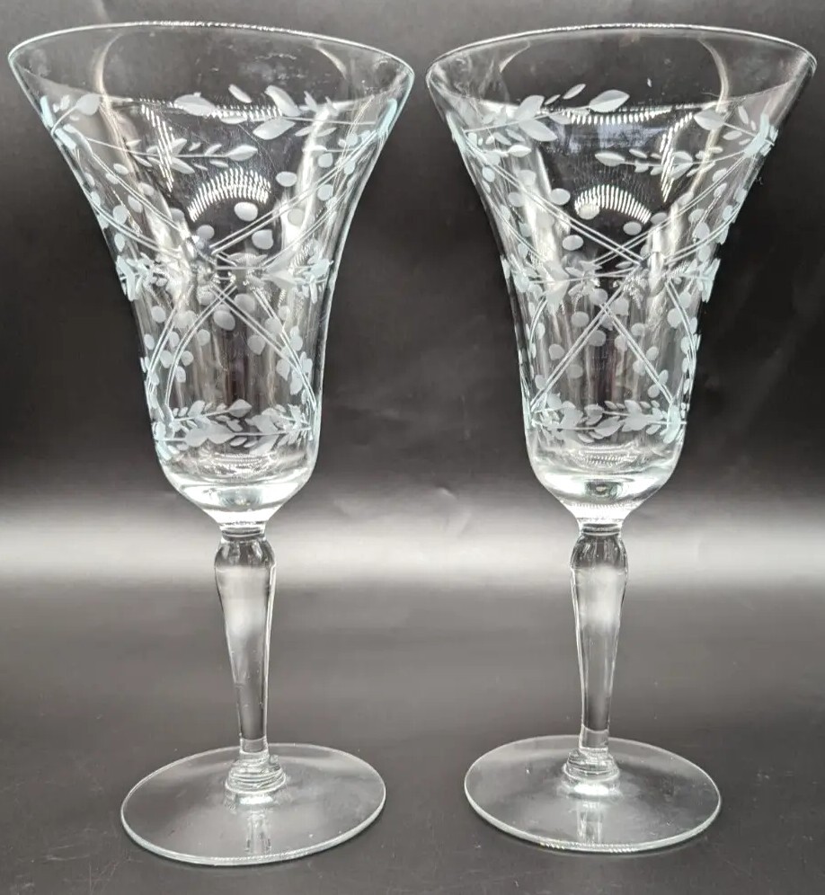 VTG Pair of Hand Cut & Mouth Blown Water/Wine Goblets Plant & Dot Cut Design EUC